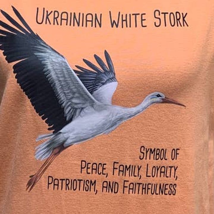 Upcycled Hand Printed Large Ukraine Peace Stork Bird Slava Ukraini Artist Tee