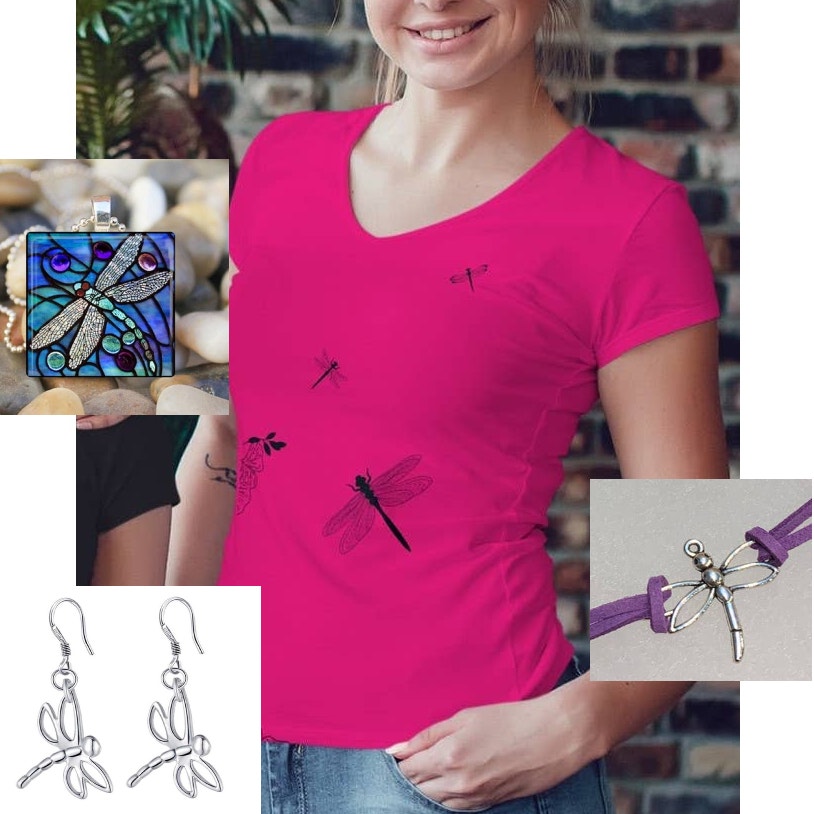 New Hand Printed Small Cotton Blend Tee Dragonfly Necklace Earrings Box Gift Set