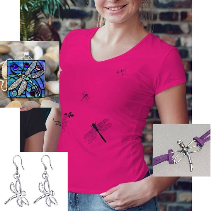 New Hand Printed Small Cotton Blend Tee Dragonfly Necklace Earrings Box Gift Set
