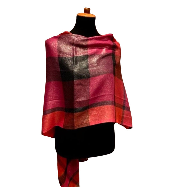 Loft Handmade Upcycled Orange Pink Polyester Shimmery Plaid Long Poncho Wrap