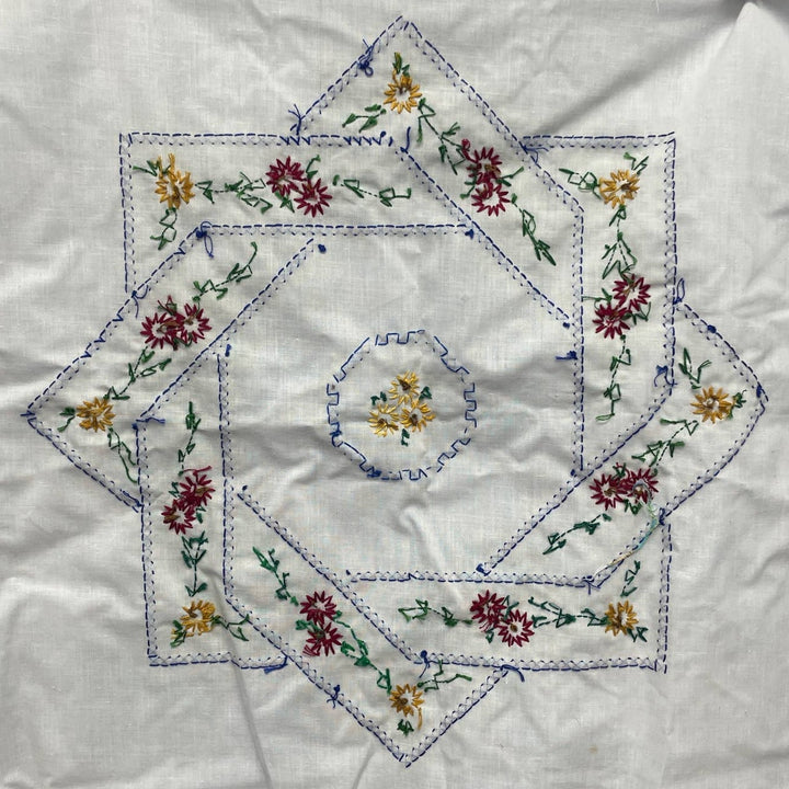 Vintage Handmade Cross Stitch Floral Diamond Wreath Ready to Frame Wall Art