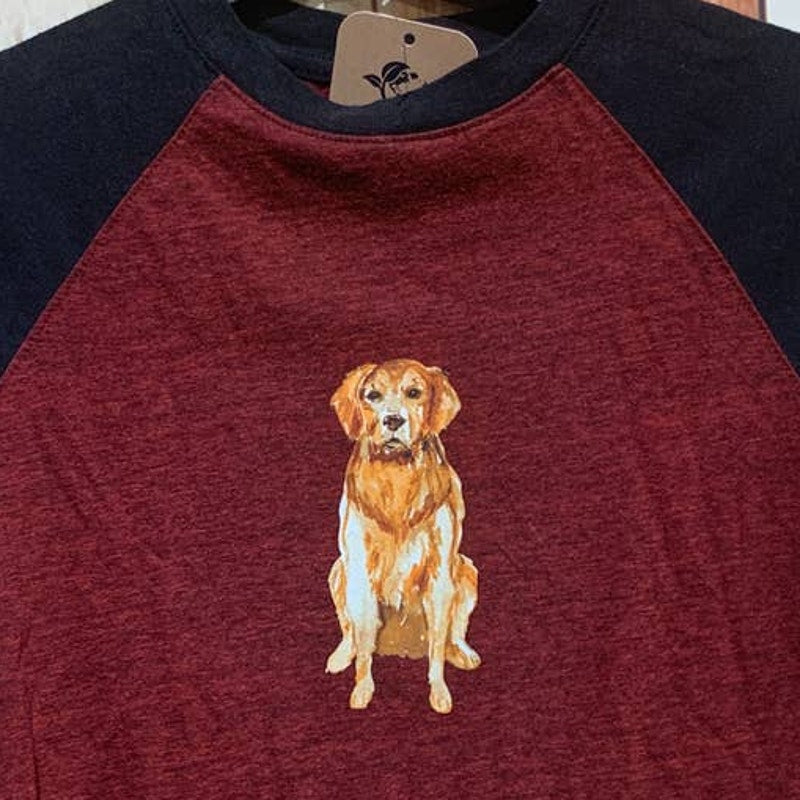 Hand Printed Upcycled Youth Small Golden Retriever Puppy Dog Baseball Raglan Tee