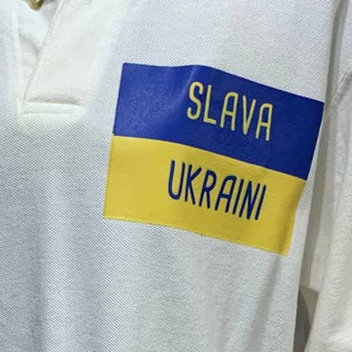 Upcycled Hand Printed Medium Ukraine Flag Slava Ukraini Artist Fundraiser Polo
