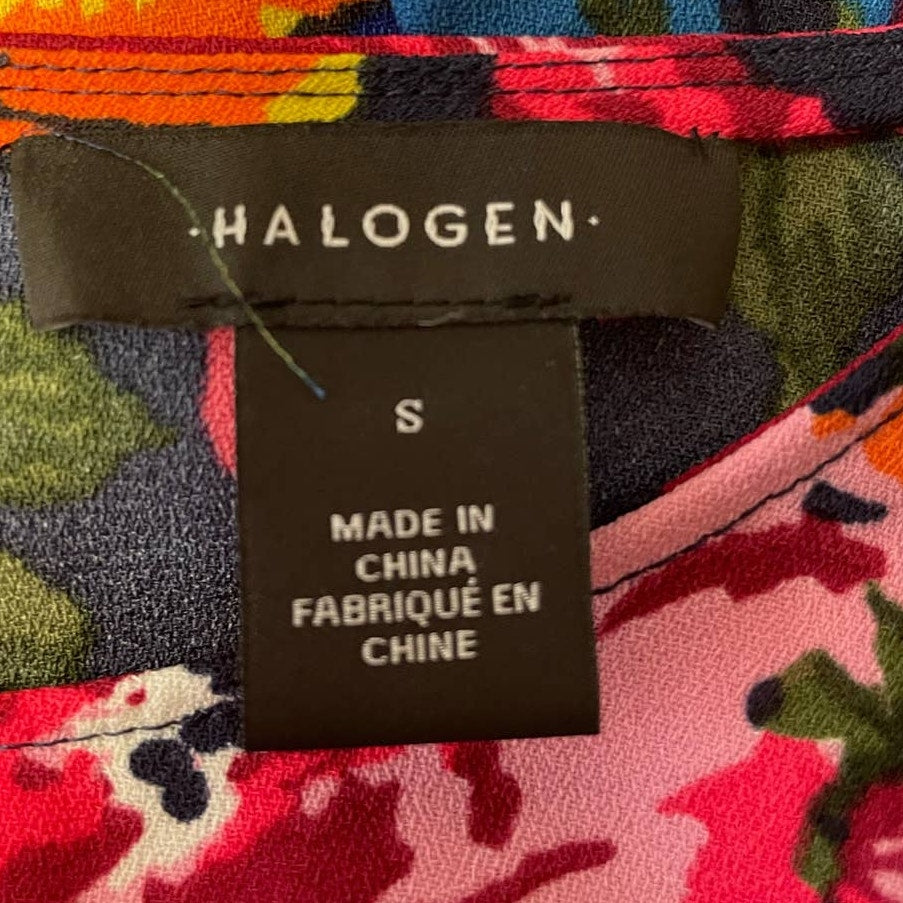 Halogen Womens Small Long Ruched Sleeve Polyester Floral Midi Shift Dress