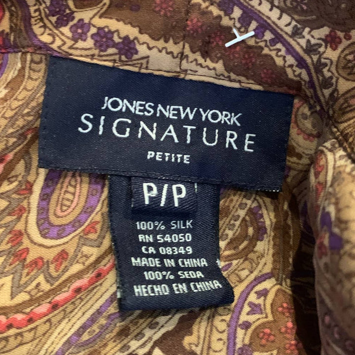 Jones New York Signature Petite 100% Silk Long Sleeve Paisley Button Up Blouse