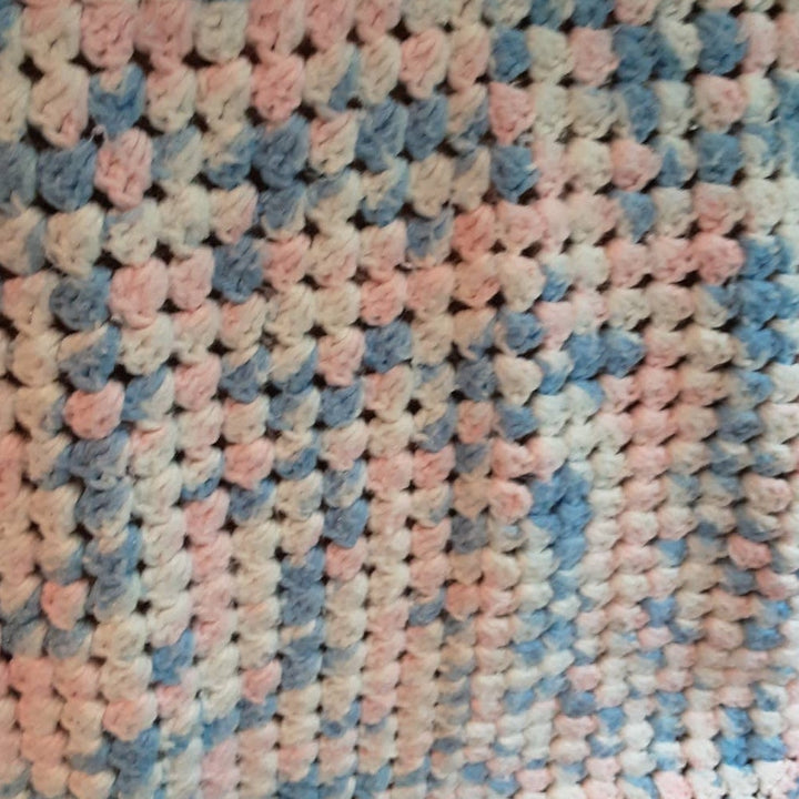 Handmade Pastel Blue Pink White Crocheted Baby Blanket Afghan Throw 35" Square