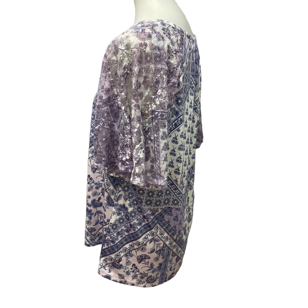 Roz &amp; Ali Womens Large Short Lacy Sleeve Floral Stripe Patchwork Flowy Blouse