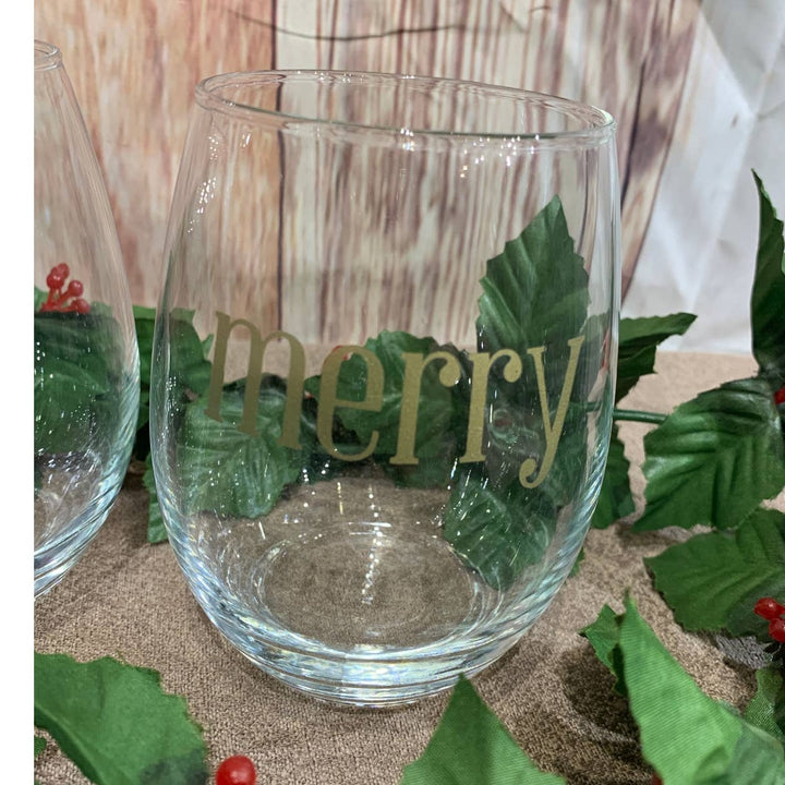 Christmas Holly Decor Merry Jolly Glasses Candle Holders Tablescape Lot