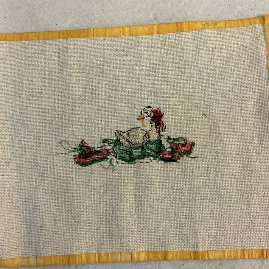 Handmade Counted Cross Stitch Goose on Watermelon Ready for Framing Whimsy Art