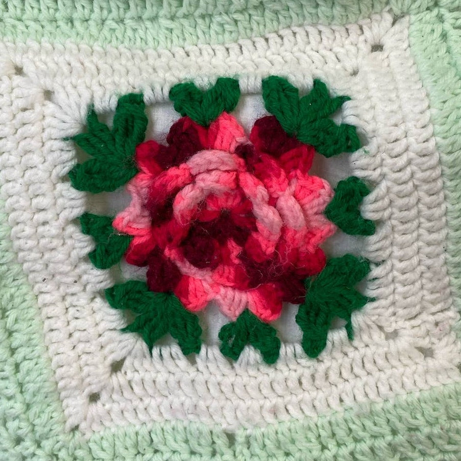 Handmade Vintage 1970s Hand Crocheted 22" Square Rosette Large Throw Pillow