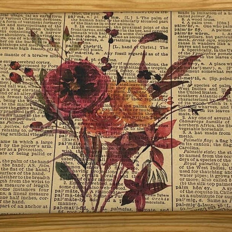 Handmade Upcycled Wood Trinket Box Peony Floral Bouquet Vintage Dictionary Page