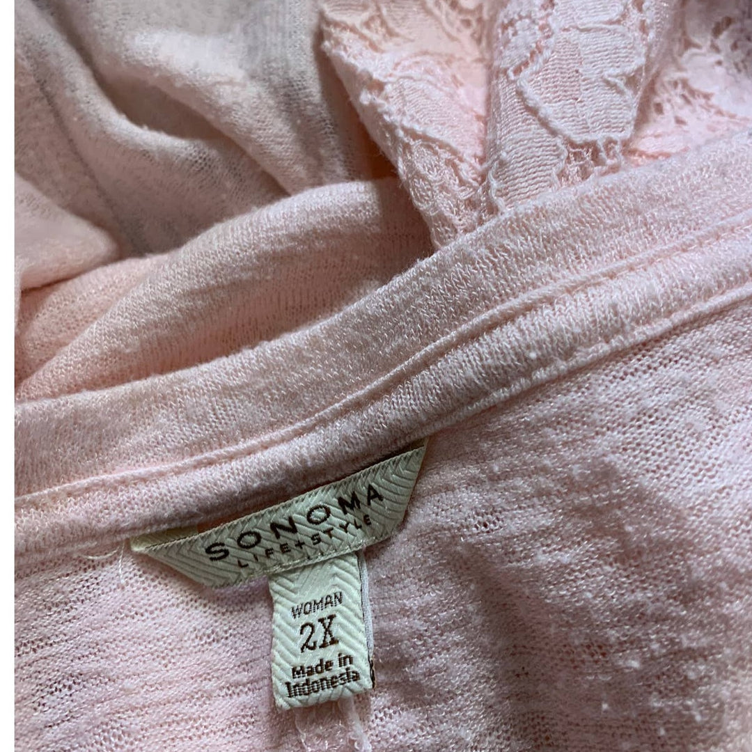 Sonoma 2X Pink Lace Sides Flowy 1/2 Button Down Henley 3/4 Sleeve Top Blouse