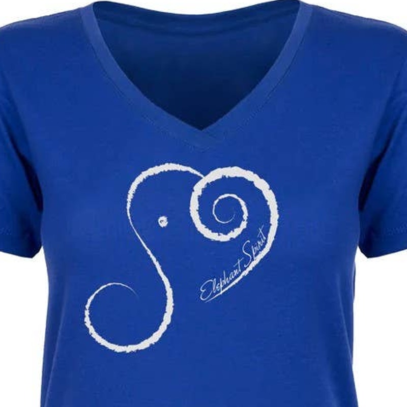 New Hand Printed Blue Elephant Spirit Cotton Blend V-Neck Short Sleeve T-Shirt