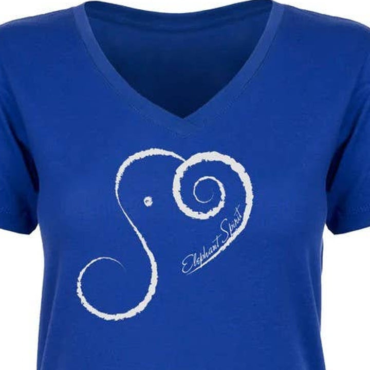 New Hand Printed Blue Elephant Spirit Cotton Blend V-Neck Short Sleeve T-Shirt