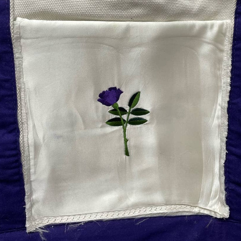 Upcycled Embroidered Purple Rose Full Zip Top Cotton Canvas Tote Bag Pocket