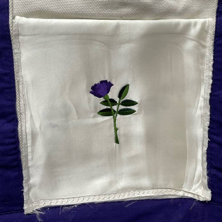 Upcycled Embroidered Purple Rose Full Zip Top Cotton Canvas Tote Bag Pocket