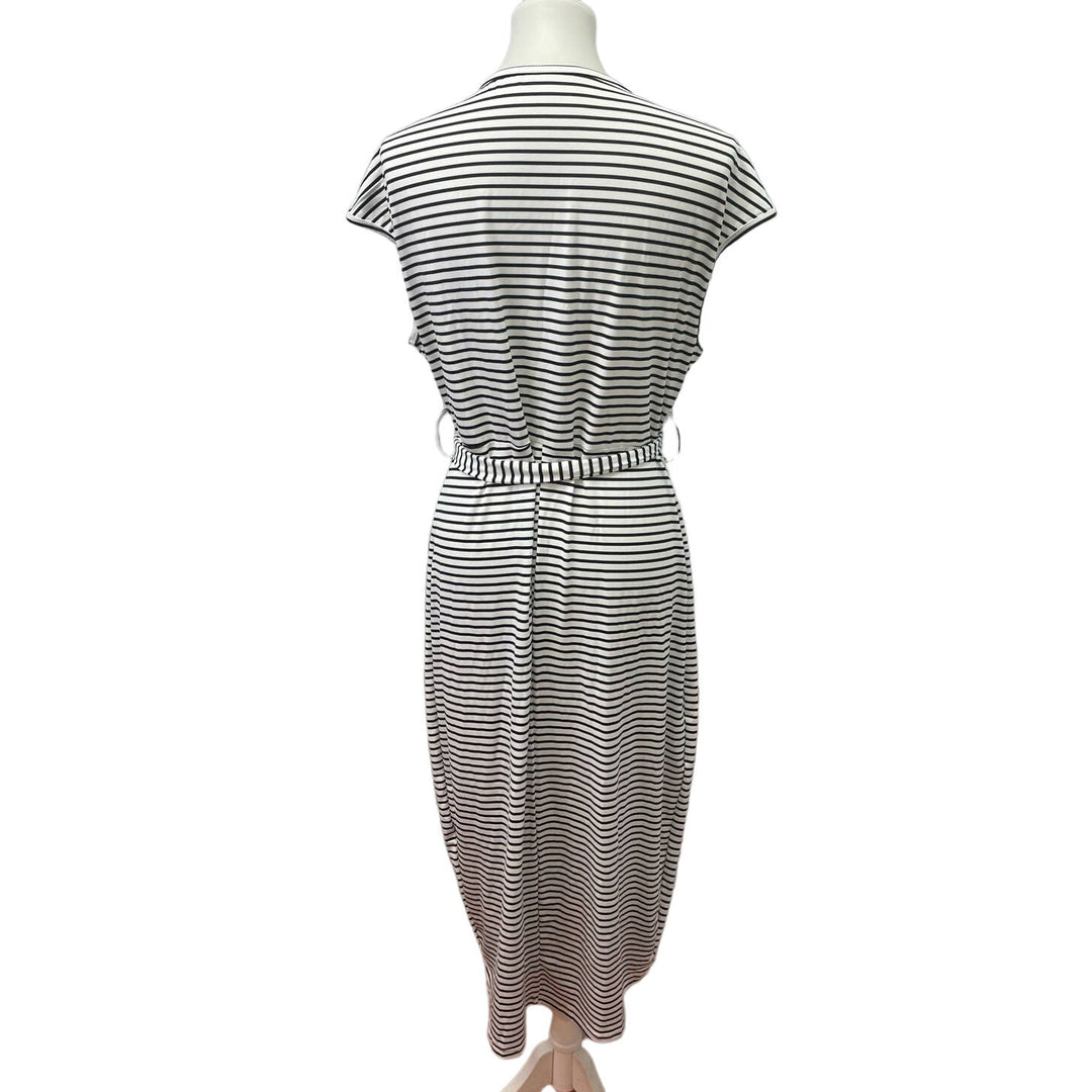 SHEIN 1X Cap Sleeve Polyester Blend Black White Striped Belted Wrap Dress