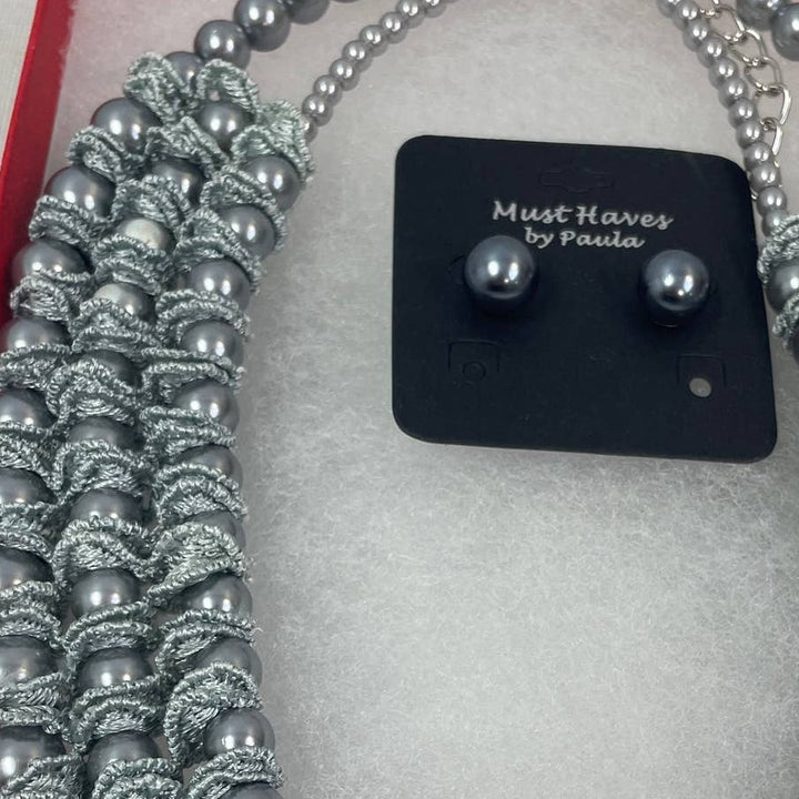 New 2pc Silver Pearl Lace Necklace Earring Jewelry Set In Red Gift Box