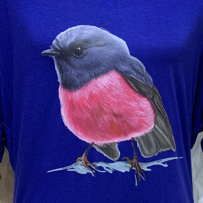 Hand Printed Upcycled Womens Large Watercolor Pink Robin Bird Blouse Tee Shirt