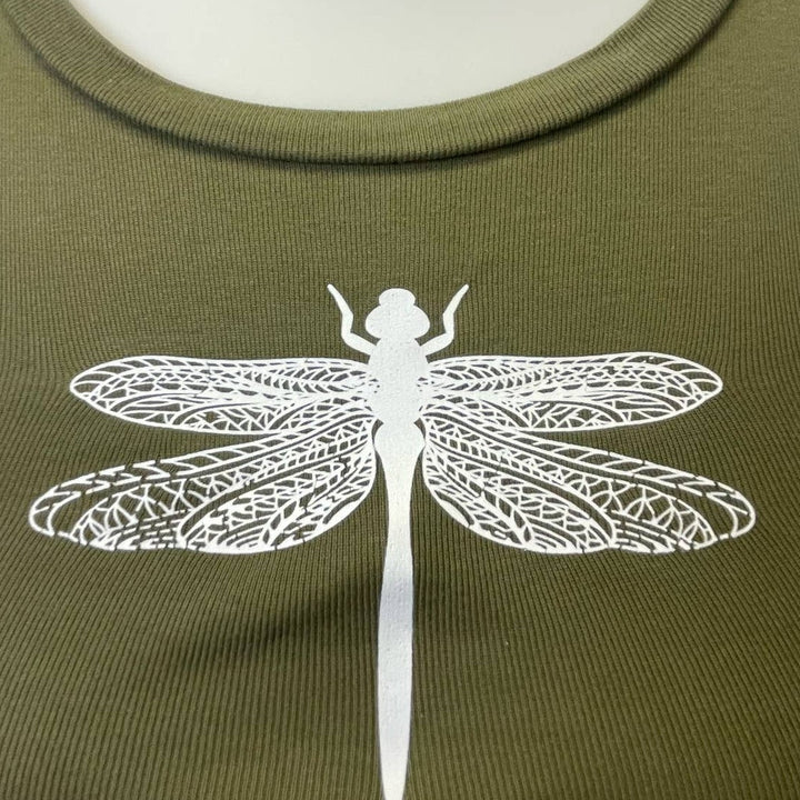 Hand Printed Upcycled XXS Dragonfly 100% Cotton Short Sleeve Crew Neck Tee Shirt