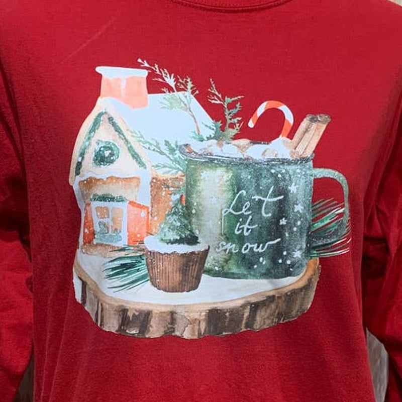 Upcycled Hand Printed XL Christmas Cottage Tree Cupcake Cocoa Long Sleeve Tee
