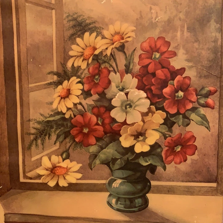Vintage 1941 S J Bende Flowers In Window Thin Paper Brown Red Yellow Art Print