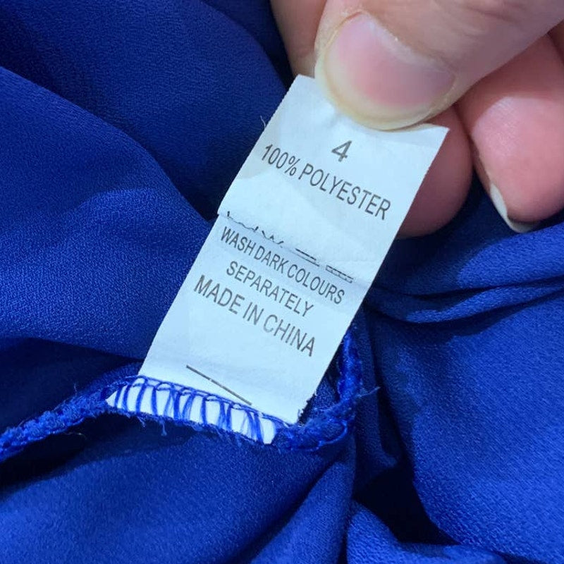 Womens Large Flowy Royal Blue Front Zip Long Sleeve Sheer Hi Low Top w Flaws