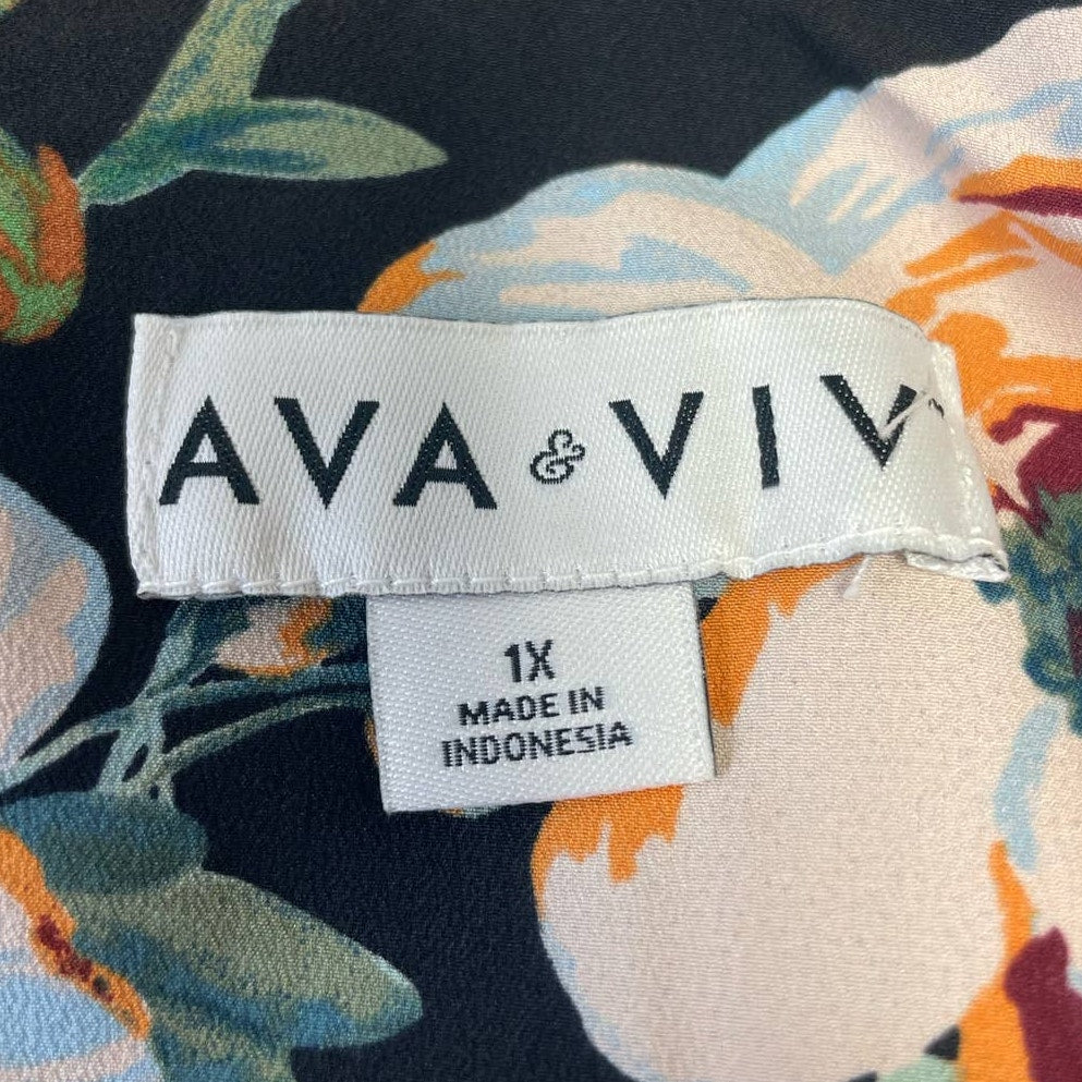 New NWT Ava &amp; Viv 1X Long Ruffled Sleeve 100% Polyester Flowy Floral Top Blouse