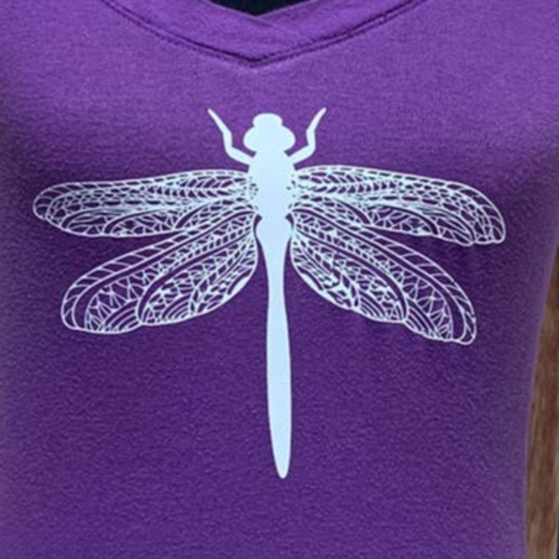 Hand Printed Upcycled Small Dragonfly Short Sleeve V-Neck 100% Cotton Tee