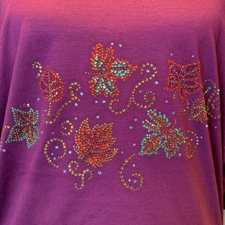 New Hand Printed Rhinestone Autumn Leaves Wine Batwing Dolman Blouse Top