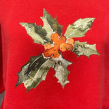 Hand Printed XL Upcycled Christmas Holly Leaves Berries Crew Neck Sweatshirt