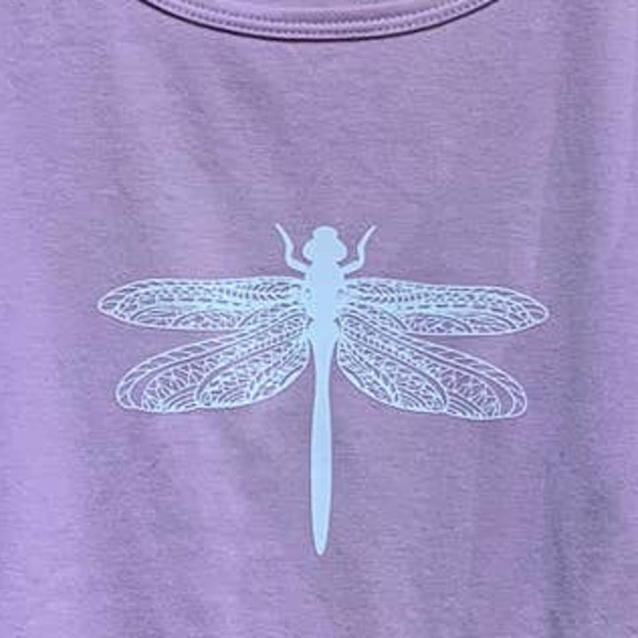 Hand Printed Upcycled Child Medium (7-8) Dragonfly Long Sleeve Crew Neck Tee