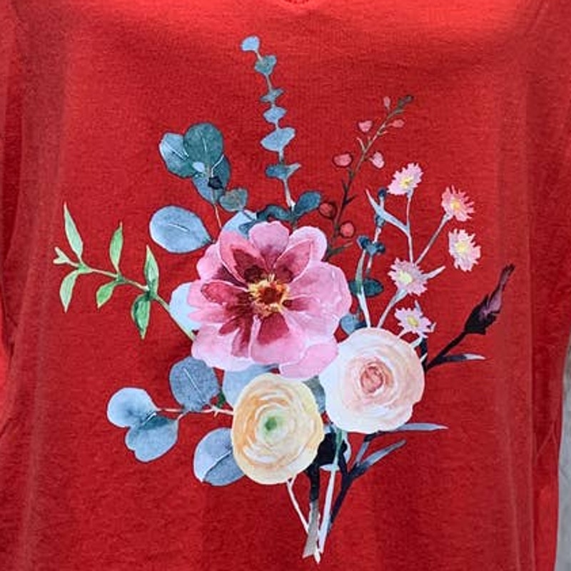 Hand Printed 2X Upcycled Red Watercolor Summer Flower Peony Aster Bouquet Tee