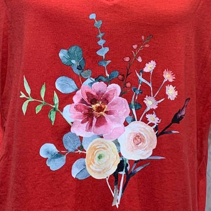 Hand Printed 2X Upcycled Red Watercolor Summer Flower Peony Aster Bouquet Tee