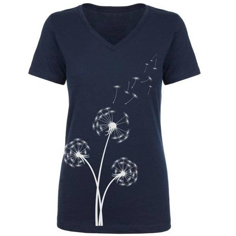 New Hand Printed Navy Small Make A Wish Dandelion Cotton Blend Short Sleeve Tee