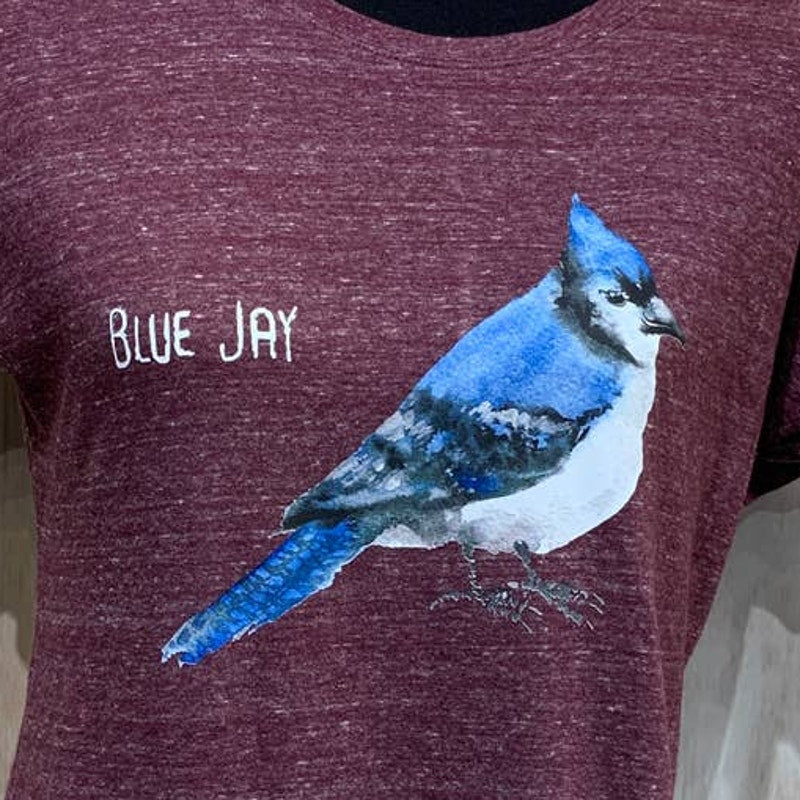 Hand Printed Upcycled Womens Medium Watercolor Blue Jay Bird Crew Neck Tee