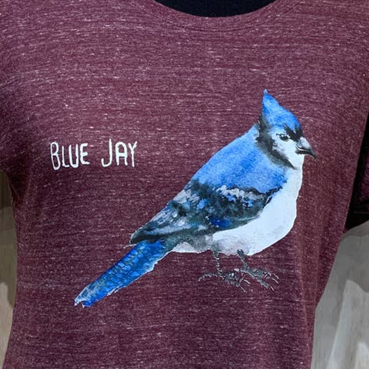 Hand Printed Upcycled Womens Medium Watercolor Blue Jay Bird Crew Neck Tee