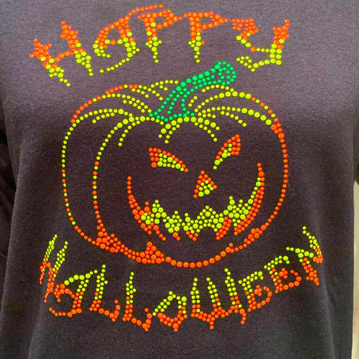 New Hand Printed Small Halloween Jack-O-Lantern Pumpkin Black Light Glow Tee