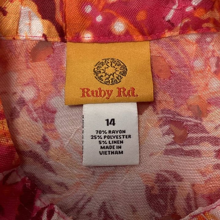 Ruby Rd Womens Plus Size 14 Linen Blend Floral Partially Sheer Button Blouse