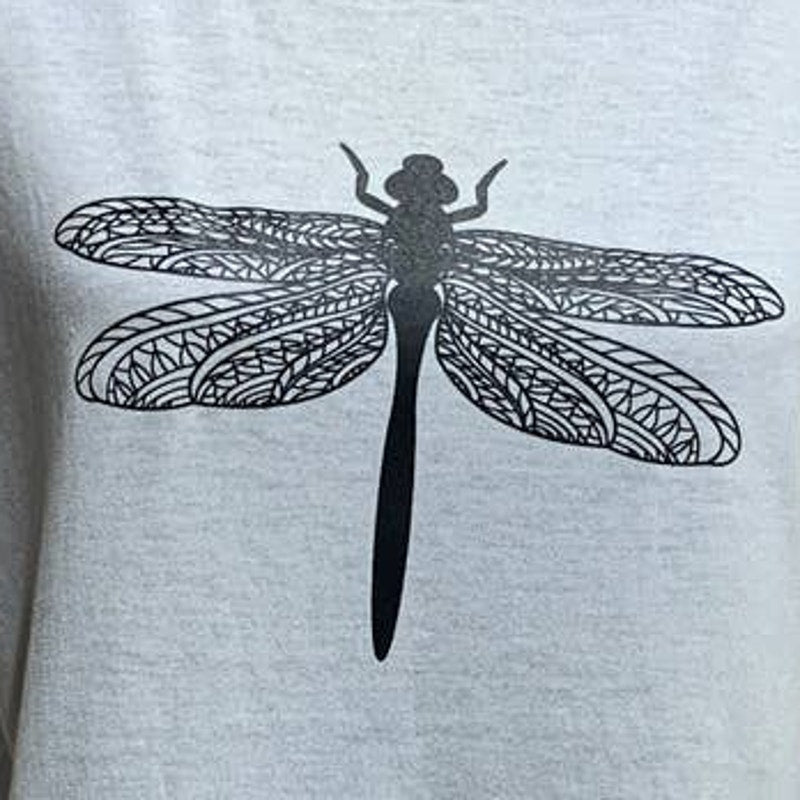 New Hand Printed Womens Medium Dragonfly Short Sleeve Cotton Crew Neck Tee