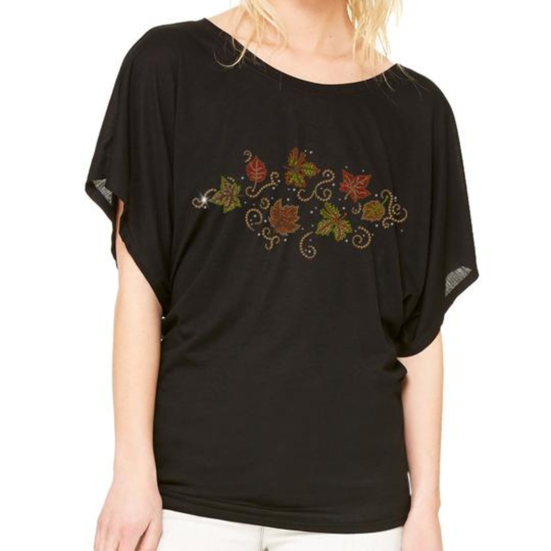 New Alley Design Group Rhinestone Autumn Leaves Black Batwing Dolman Blouse Top