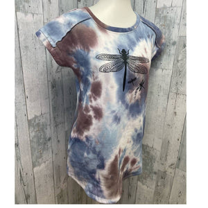 Upcycled Hand Printed Small Dragonfly Short Sleeve Mini Sweatshirt Tie Dye Dress