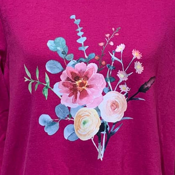 Hand Printed Upcycled 1X Watercolor Summer Flower Peony Aster Bouquet Cotton Tee