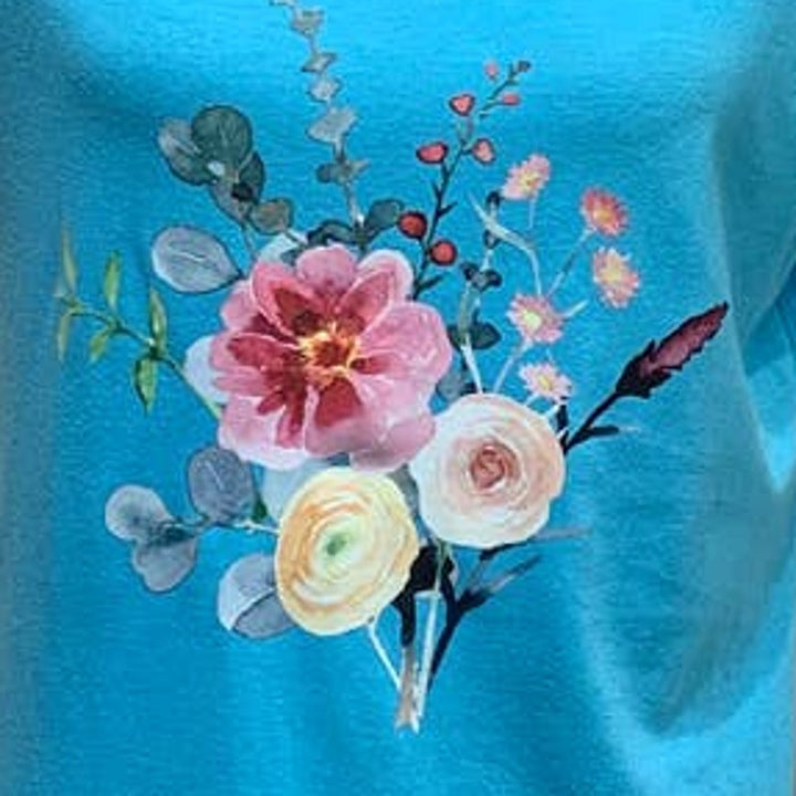 Hand Printed Upcycled XL Watercolor Summer Flower Peony Aster Bouquet Tee