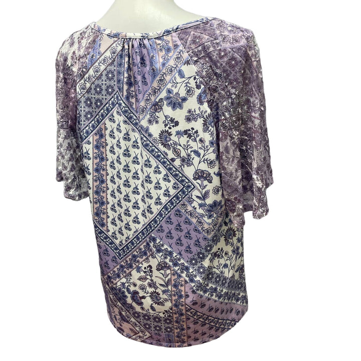 Roz &amp; Ali Womens Large Short Lacy Sleeve Floral Stripe Patchwork Flowy Blouse