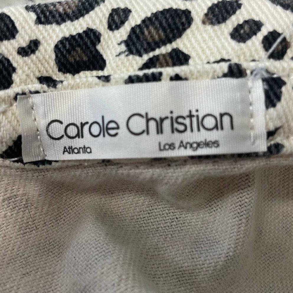 Carole Christian Small Distressed Button Up Leopard Print Cotton Denim Long Coat