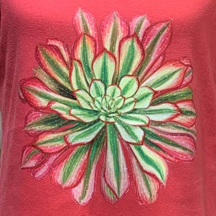 Hand Printed Upcycled Medium Pink Green Succulent Cactus Cotton Short Sleeve Tee