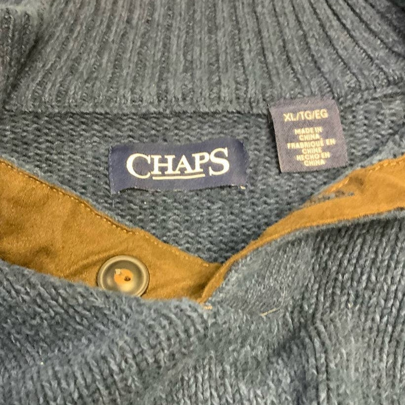 Chaps XL 1/4 Button Navy Blue 100% Cotton Knit Sweater w Leather Elbow Patches