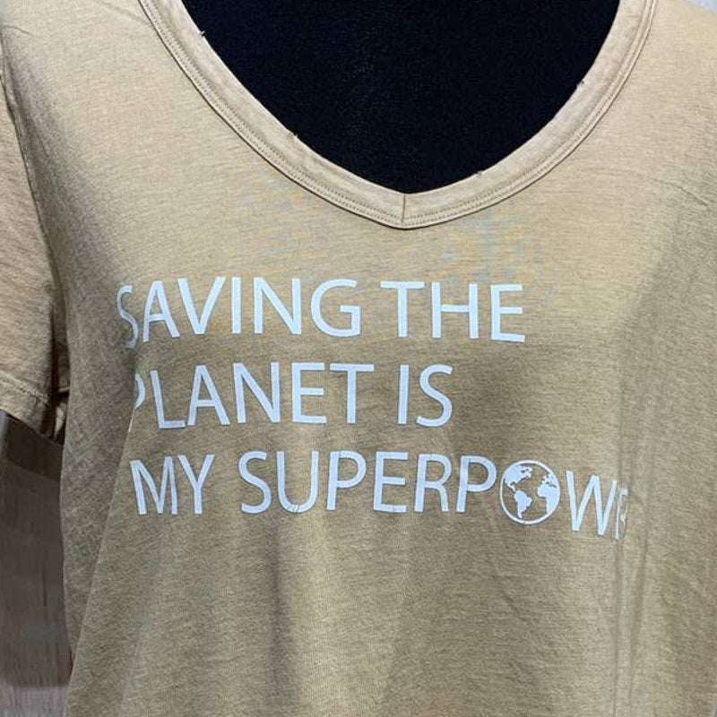 Hand Printed Upcycled Large Saving the Planet is My Superpower Distressed Tee