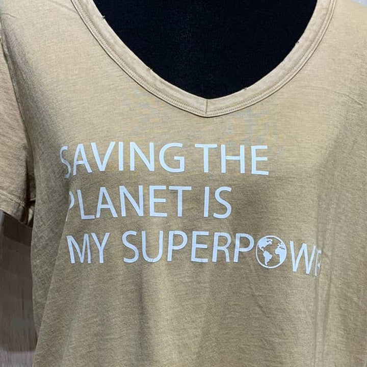 Hand Printed Upcycled Large Saving the Planet is My Superpower Distressed Tee